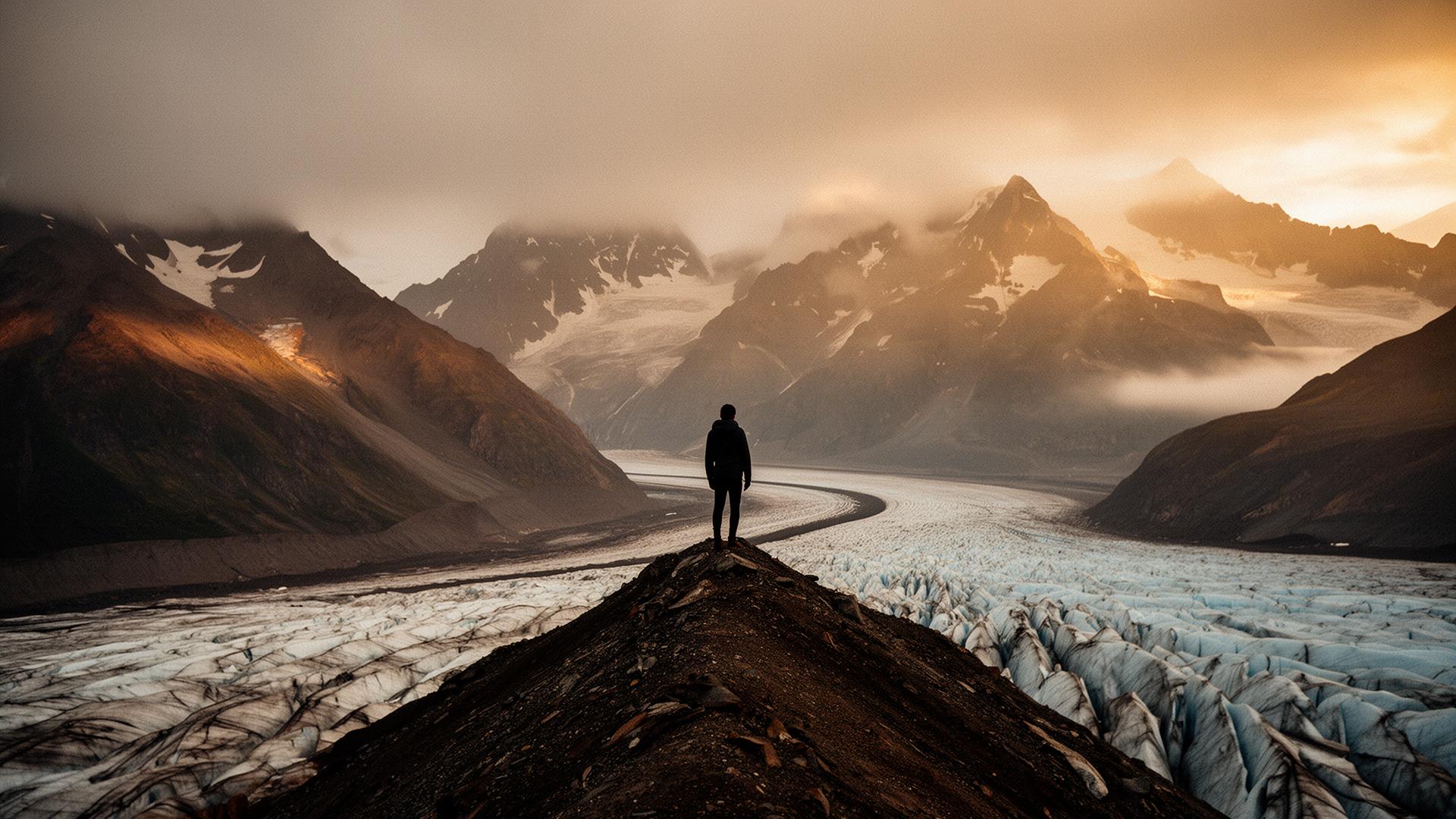 A figure stands at the edge of an Alaskan glacier at golden hour
